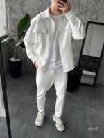 Мужской Плотный Свободный Белый Костюм с Накладными Карманами - Рубашка на Кнопках + Штаны со Стрелками