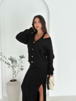 Женский Мягкий Ворсистый Черный Костюм Тройка - Кардиган + Топ + Юбка Миди с Разрезом