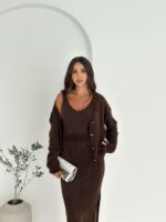 Женский Мягкий Ворсистый Коричневый Костюм Тройка - Кардиган + Топ + Юбка Миди с Разрезом
