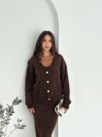 Женский Мягкий Ворсистый Коричневый Костюм Тройка - Кардиган + Топ + Юбка Миди с Разрезом