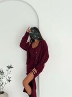 Женский Мягкий Ворсистый Бордовый Костюм Тройка - Кардиган + Топ + Юбка Миди с Разрезом