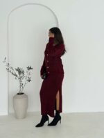 Женский Мягкий Ворсистый Бордовый Костюм Тройка - Кардиган + Топ + Юбка Миди с Разрезом