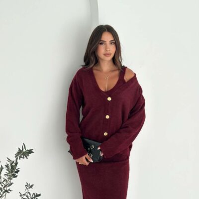 Женский Мягкий Ворсистый Бордовый Костюм Тройка - Кардиган + Топ + Юбка Миди с Разрезом
