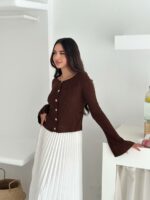 Женский Базовый Коричневый Кардиган в Рубчик - Кофта на Золотистых Пуговицах с Рукавами Клеш