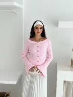 Женский Базовый Розовый Кардиган в Рубчик - Кофта на Золотистых Пуговицах с Рукавами Клеш