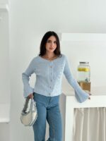 Женский Базовый Голубой Кардиган в Рубчик - Кофта на Золотистых Пуговицах с Рукавами Клеш