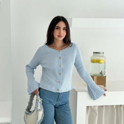 Женский Базовый Голубой Кардиган в Рубчик - Кофта на Золотистых Пуговицах с Рукавами Клеш
