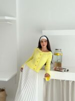 Женский Базовый Желтый Кардиган в Рубчик - Кофта на Золотистых Пуговицах с Рукавами Клеш
