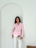 Женская Базовая Трикотажная Розовая Кофта Поло с Воротником на Пуговицах