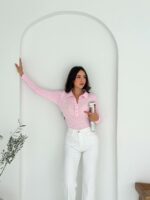 Женская Базовая Трикотажная Розовая Кофта Поло с Воротником на Пуговицах