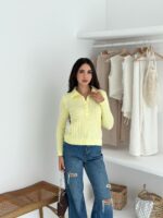 Женская Базовая Трикотажная Желтая Кофта Поло с Воротником на Пуговицах