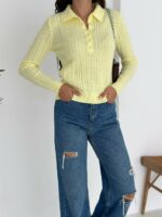 Женская Базовая Трикотажная Желтая Кофта Поло с Воротником на Пуговицах