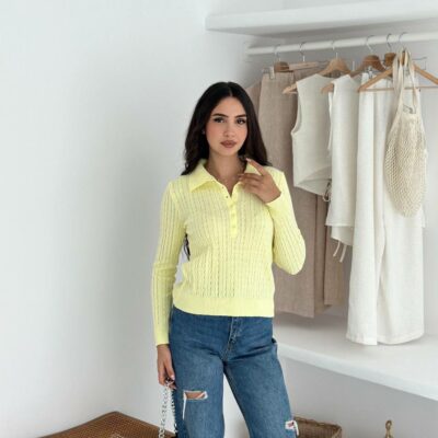 Женская Базовая Трикотажная Желтая Кофта Поло с Воротником на Пуговицах