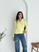 Женская Базовая Трикотажная Желтая Кофта Поло с Воротником на Пуговицах