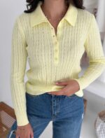 Женская Базовая Трикотажная Желтая Кофта Поло с Воротником на Пуговицах