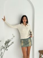 Женская Базовая Трикотажная Белая Кофта Поло с Воротником на Пуговицах