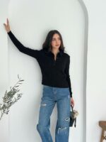 Женская Базовая Трикотажная Черная Кофта Поло с Воротником на Пуговицах