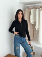 Женская Базовая Трикотажная Черная Кофта Поло с Воротником на Пуговицах