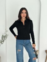 Женская Базовая Трикотажная Черная Кофта Поло с Воротником на Пуговицах