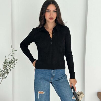 Женская Базовая Трикотажная Черная Кофта Поло с Воротником на Пуговицах