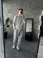 Мужской Базовый Серый Костюм в Рубчик  - Кофта Поло + Штаны на Резинке