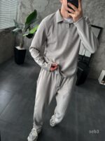 Мужской Базовый Серый Костюм в Рубчик  - Кофта Поло + Штаны на Резинке