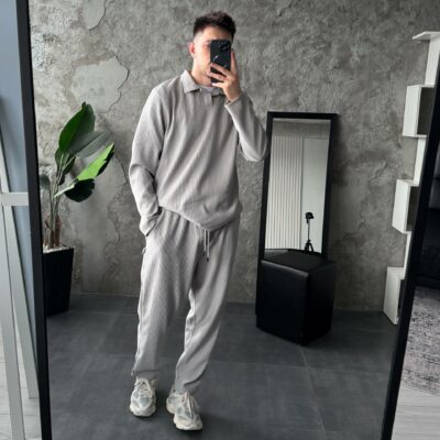 Мужской Базовый Серый Костюм в Рубчик - Кофта Поло + Штаны на Резинке