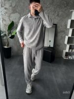Мужской Базовый Серый Костюм в Рубчик  - Кофта Поло + Штаны на Резинке