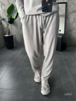 Мужской Базовый Серый Костюм в Рубчик  - Кофта Поло + Штаны на Резинке