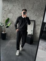 Мужской Базовый Черный Костюм в Рубчик  - Кофта Поло + Штаны на Резинке