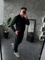Мужской Базовый Черный Костюм в Рубчик  - Кофта Поло + Штаны на Резинке