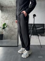 Мужской Базовый Черный Костюм в Рубчик  - Кофта Поло + Штаны на Резинке