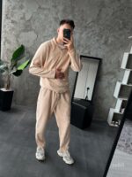 Мужской Базовый Бежевый Костюм в Рубчик  - Кофта Поло + Штаны на Резинке