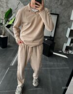 Мужской Базовый Бежевый Костюм в Рубчик  - Кофта Поло + Штаны на Резинке