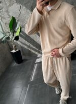 Мужской Базовый Бежевый Костюм в Рубчик  - Кофта Поло + Штаны на Резинке