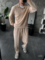 Мужской Базовый Бежевый Костюм в Рубчик  - Кофта Поло + Штаны на Резинке