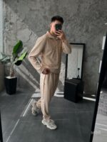 Мужской Базовый Бежевый Костюм в Рубчик  - Кофта Поло + Штаны на Резинке