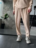 Мужские Свободные Базовые Бежевые Штаны на Резинке в Рубчик