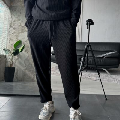 Мужской Базовый Черный Костюм в Рубчик  - Кофта Поло + Штаны на Резинке