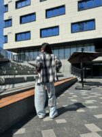 Женская Клетчатая Серо-Бежевая Рубашка Оверсайз на Пуговицах