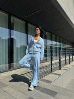 Женский Базовый Голубой Костюм - Кофта Бомбер на Молнии + Широкие Штаны