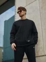 Мужской Теплый Черный Спортивный Костюм Свободного Кроя на Флисе (Свитшот + Штаны)