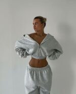 Женский Серый Спортивный Костюм Оверсайз - Укороченное Зип Худи + Широкие Штаны