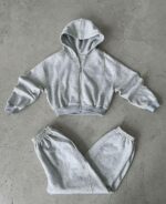 Женский Серый Спортивный Костюм Оверсайз - Укороченное Зип Худи + Широкие Штаны