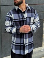 Мужская Теплая Флисовая Синяя Рубашка Свободного Кроя в Клеточку