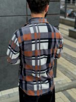 Мужская Теплая Флисовая Серая Рубашка Свободного Кроя в Клеточку