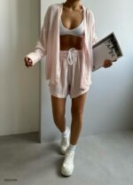 Женский Полосатый Розовый Летний Комплект Свободного Кроя (Рубашка + Шорты)