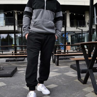 Мужской Теплый Флисовый Черный Костюм - Кофта под Горло + Штаны Джоггеры
