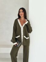 Женский Костюм Хаки Свободного Кроя с Окантовкой - Комплект Кардиган Штаны