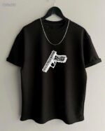 Мужская Базовая Черная Футболка Хлопок - Свободного Кроя с Принтом Пистолет